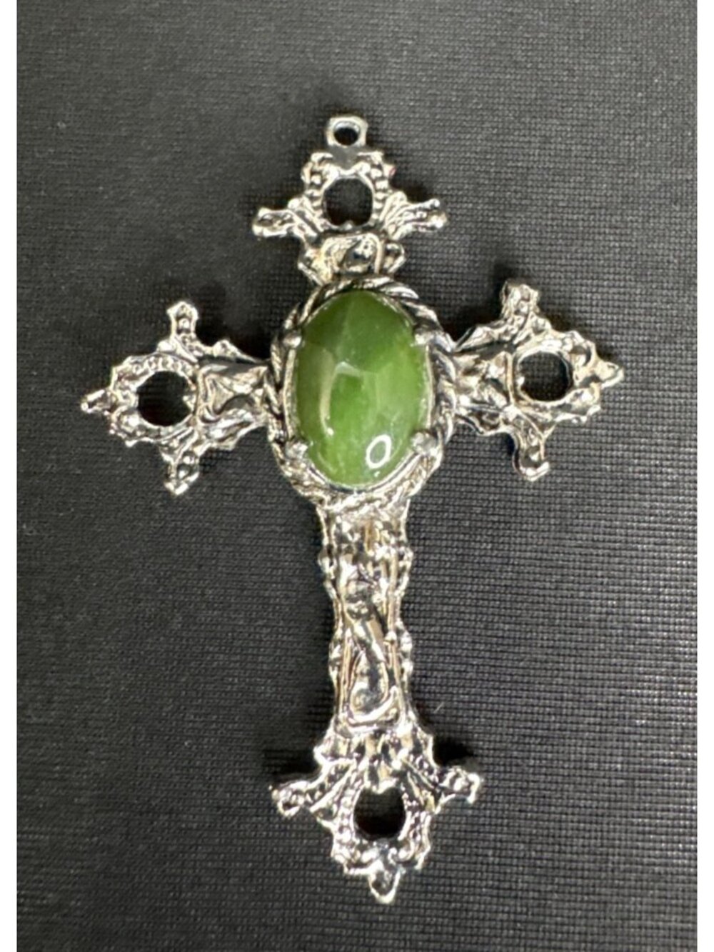 Gothic Byzantine Cross Pendant With Green Gemstone Costume Religious Jewelry - Picture 2 of 6